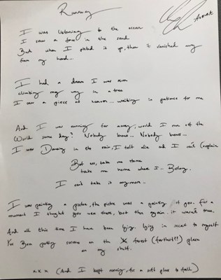 Lot 10 - AURORA – HANDWRITTEN ‘RUNAWAY’ LYRICS