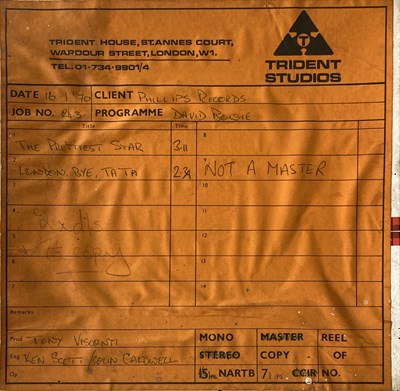 Lot 423 - DAVID BOWIE WITH MARC BOLAN ORIGINAL TRIDENT TAPE REEL - PRETTIEST STAR / LONDON BYE TA-TA.