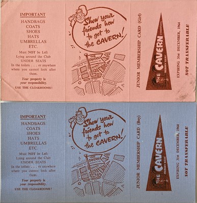 Lot 108 - THE CAVERN CLUB - JUNIOR MEMBERSHIP CARDS 1964.