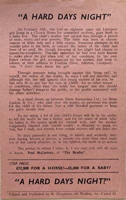 Lot 109 - THE BEATLES - PAUL MCCARTNEY - 'HARD DAY'S NIGHT' ILLEGITIMATE CHILD FLYER.
