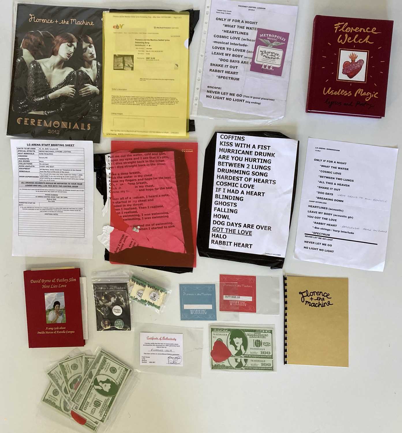 Lot 88 - FLORENCE AND THE MACHINE CONCERT MEMORABILIA INC SET LISTS.