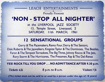 Lot 312 - BEATLES NON STOP ALL NIGHTER TICKET.