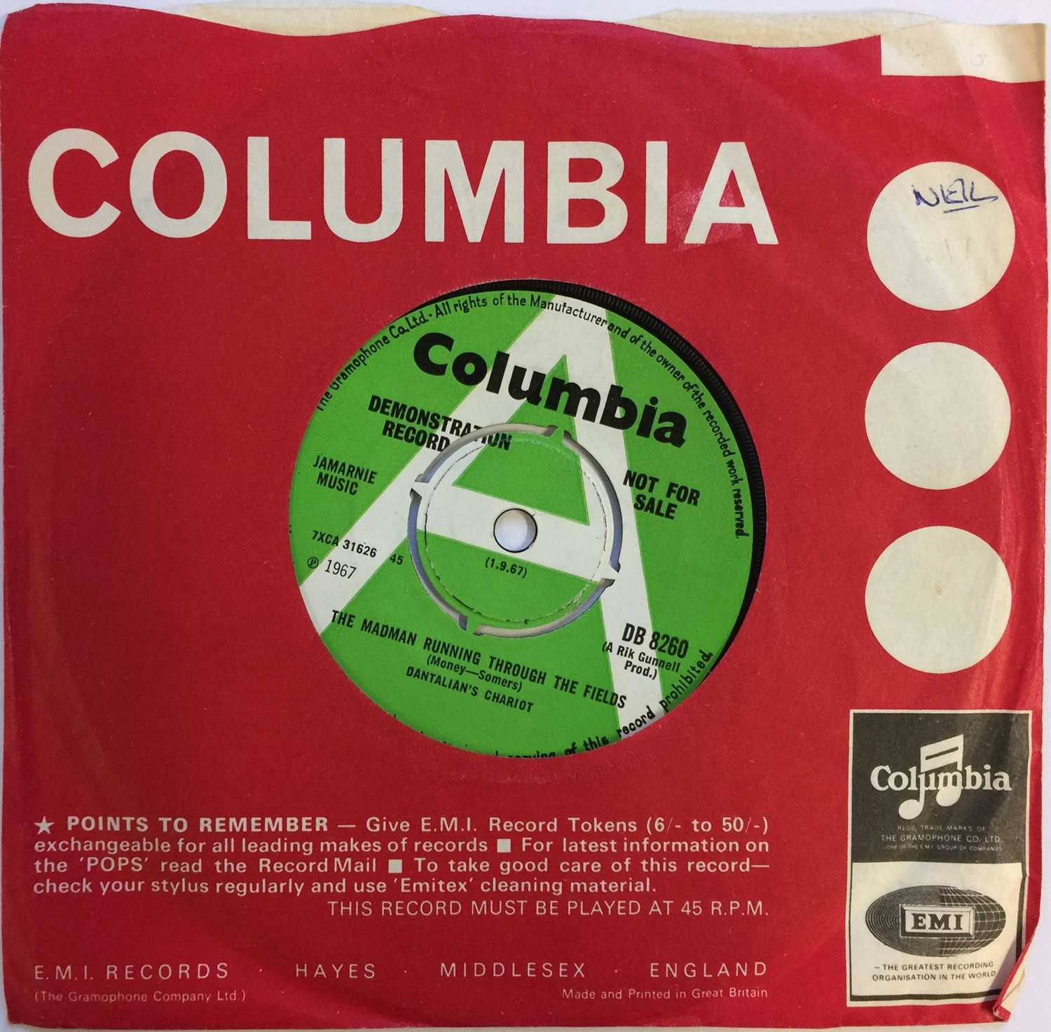 Lot 22 - DANTALIAN'S CHARIOT - THE MADMAN RUNNING THROUGH THE FIELDS 7" (ORIGINAL UK DEMO - COLUMBIA DB 8260)