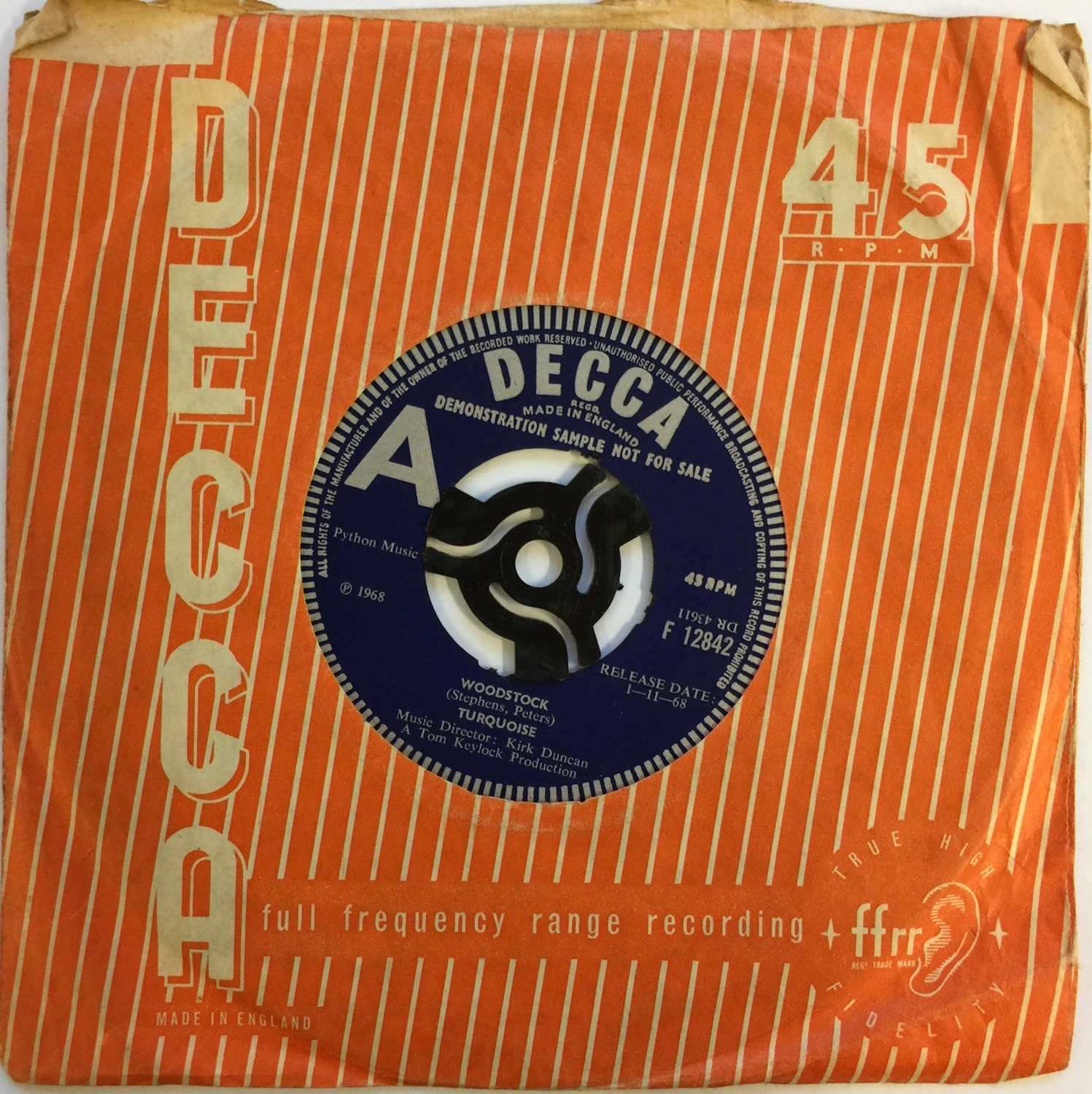 Lot 24 - TURQUOISE - WOODSTOCK 7" (ORIGINAL UK DEMO - DECCA F 12842)