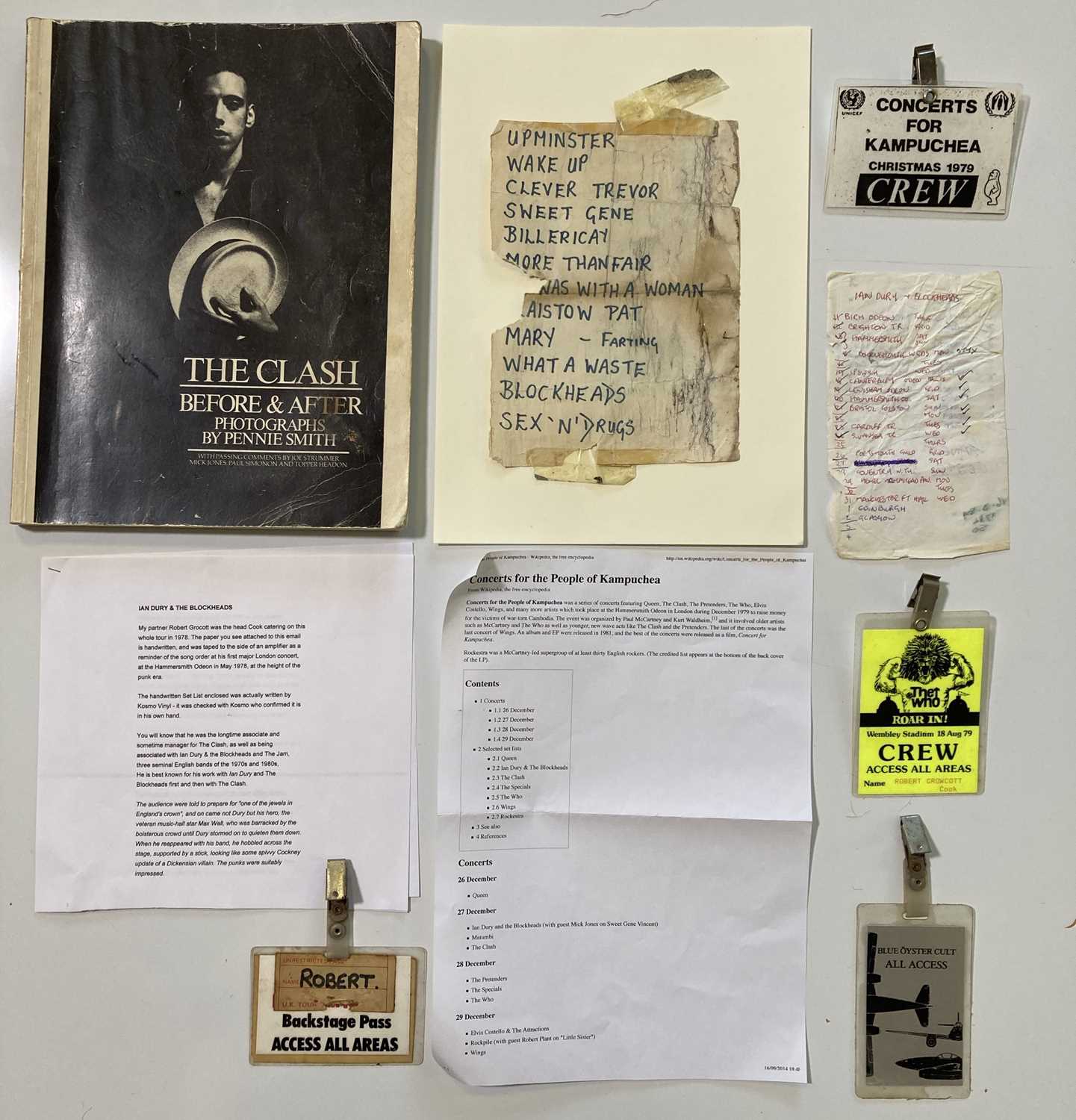 Lot 59 - CONCERT MEMORABILIA - IAN DURY SET LIST / CLASH BACKSTAGE PASSES.