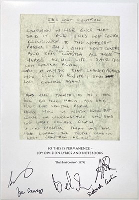Lot 294 - JOY DIVISION - SHE'S LOST CONTROL SIGNED LYRIC PRINT.