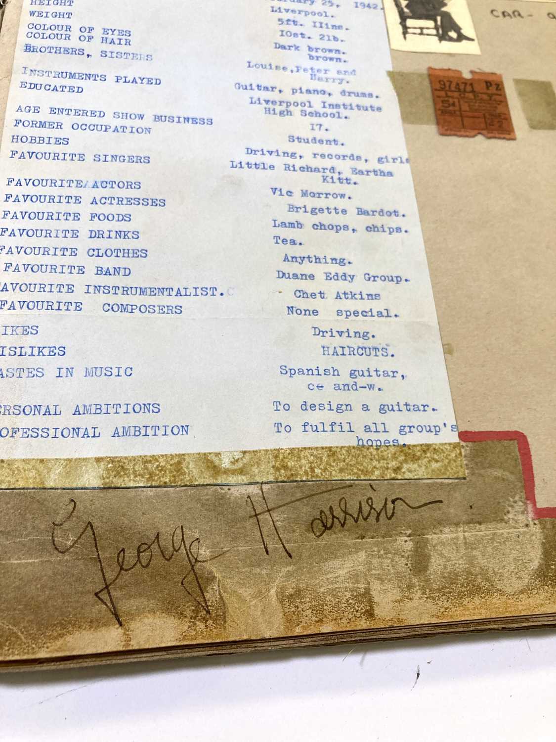 Lot 220 - BEATLES SCRAPBOOK SIGNED BY PAUL, RINGO (TWICE) AND GEORGE.