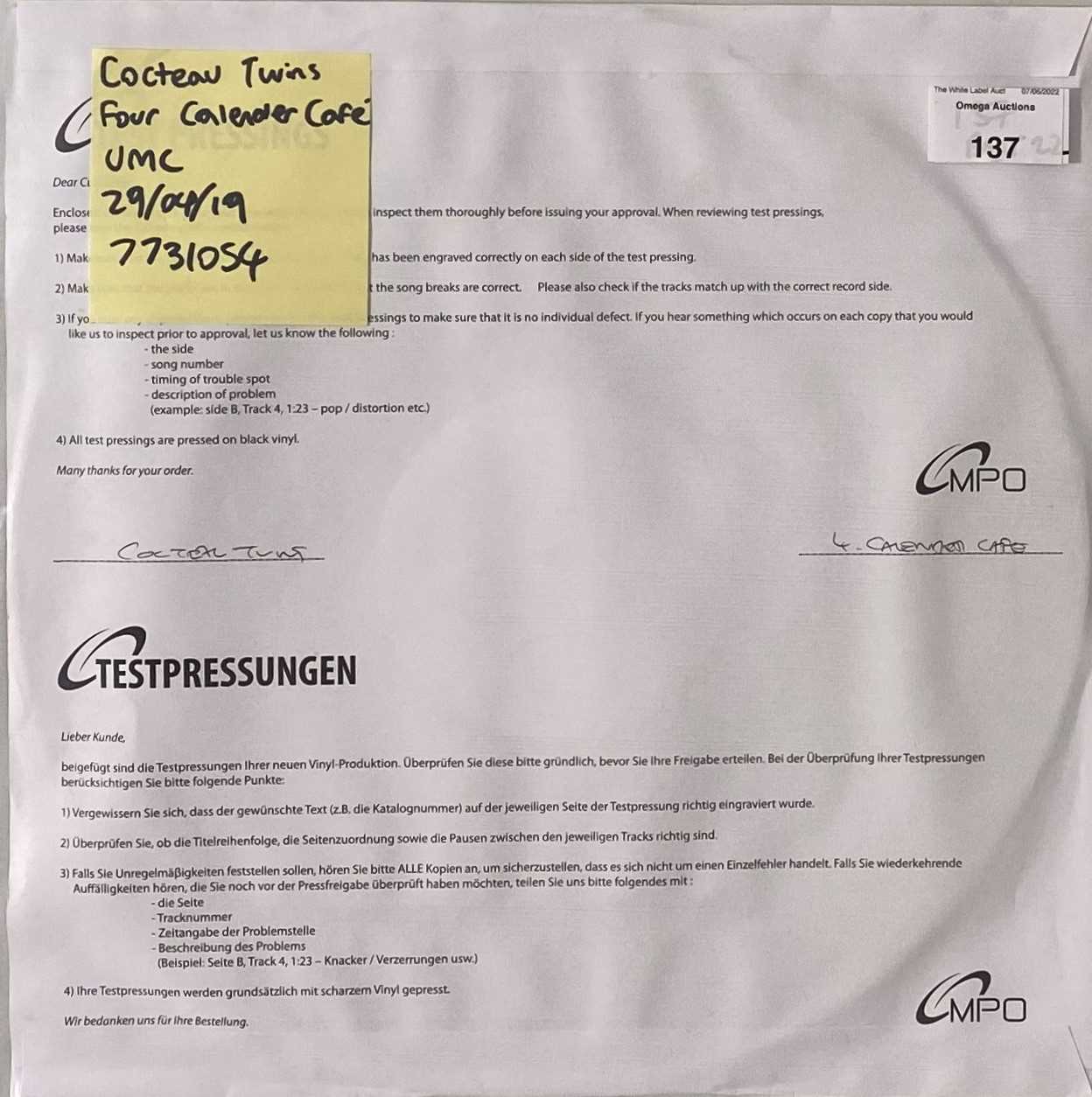 Lot 137 - COCTEAU TWINS - FOUR CALENDER-CAFE LP (2019 - UMC 7731054)