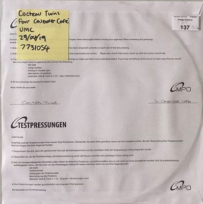 Lot 137 - COCTEAU TWINS - FOUR CALENDER-CAFE LP (2019 - UMC 7731054)