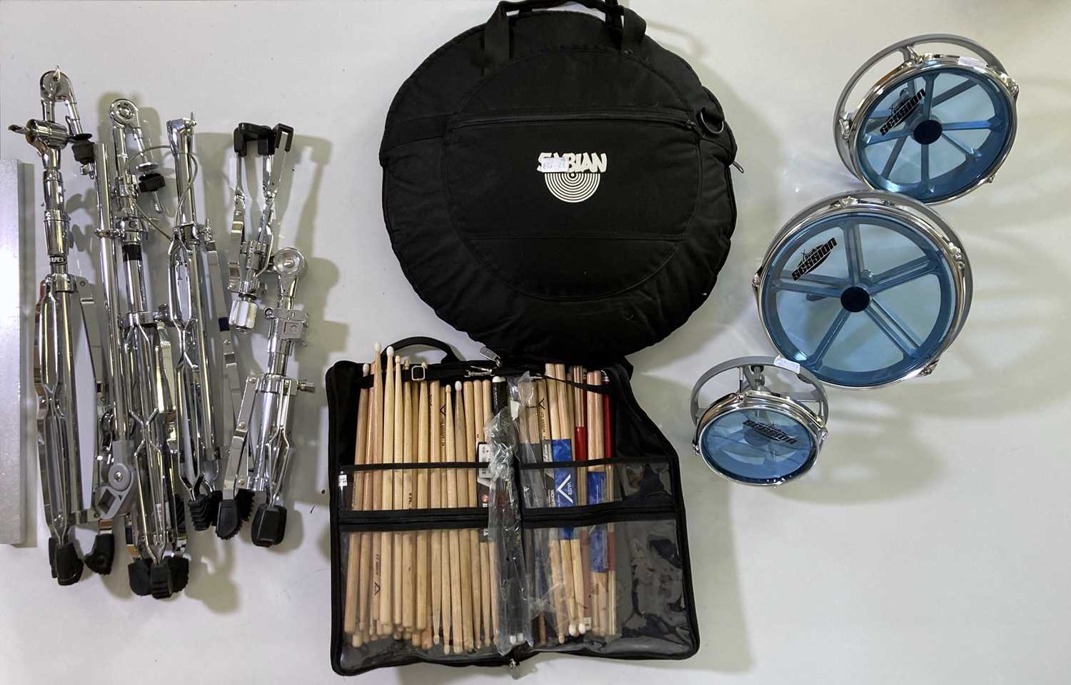 Lot 25 - DRUM EQUIPMENT (CYMBALS, STANDS, DRUMSTICKS).