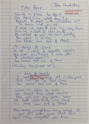 Lot 101 - THE CHARLATANS - HANDWRITTEN LYRICS FOR POLAR BEAR.