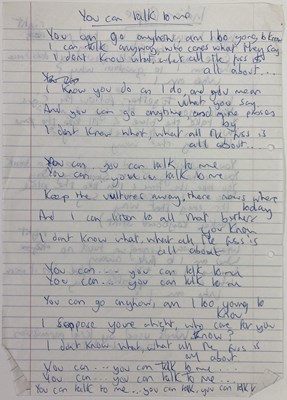 Lot 102 - THE CHARLATANS - HANDWRITTEN LYRICS FOR YOU CAN TALK TO ME.