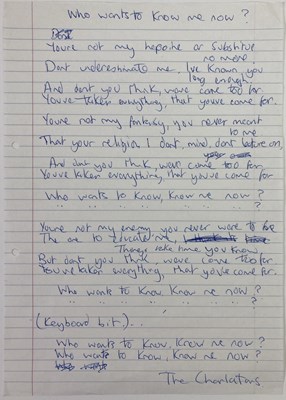 Lot 104 - THE CHARLATANS - HANDWRITTEN LYRICS FOR WHO WANTS TO KNOW ME...