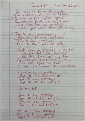 Lot 105 - THE CHARLATANS - HANDWRITTEN LYRICS FOR FLOWER