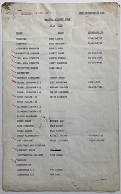 Lot 557 - THE BEATLES - A MAGICAL MYSTERY TOUR CALL SHEET.