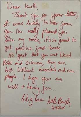 Lot 345 - KATE BUSH - HANDWRITTEN AND SIGNED LETTER.
