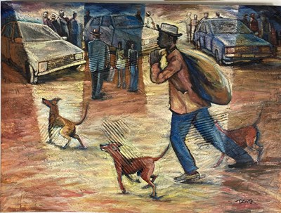 Lot 53 - TIMOTHY T ZANTSI - SENEGALESE SCENE ORIGINAL PAINTING