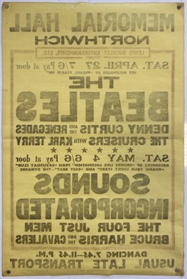 Lot 241 - THE BEATLES - A RARE ORIGINAL CONCERT POSTER FOR THE MEMORIAL HALL, NORTHWICH, 1963.