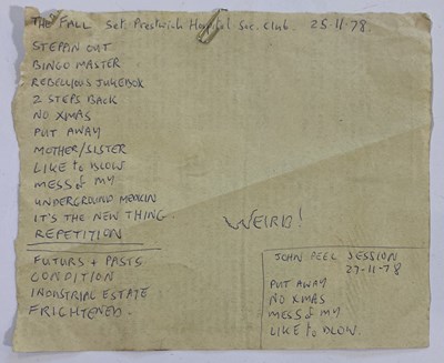 Lot 375 - THE FALL - A HANDWRITTEN 1978 SET LIST.