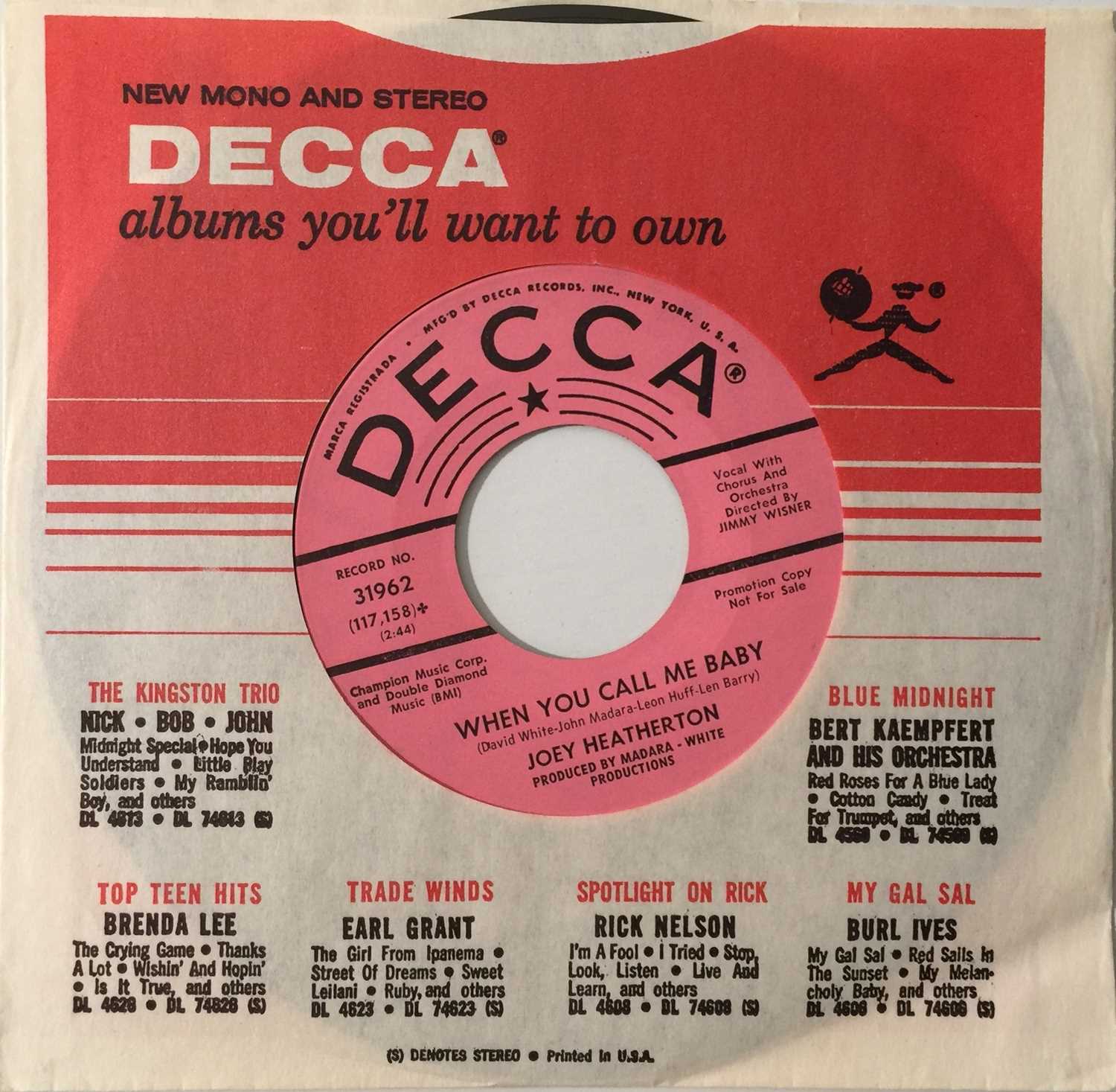Lot 26 - JOEY HEATHERTON - WHEN YOU CALL ME BABY 7" (US PROMO - NORTHERN - DECCA 31962)