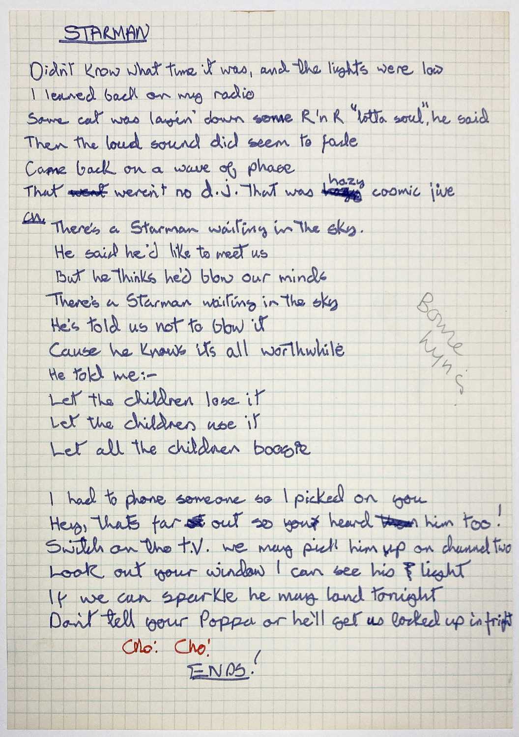 Lot 143 - DAVID BOWIE'S ORIGINAL HANDWRITTEN LYRICS FOR 'STARMAN'.