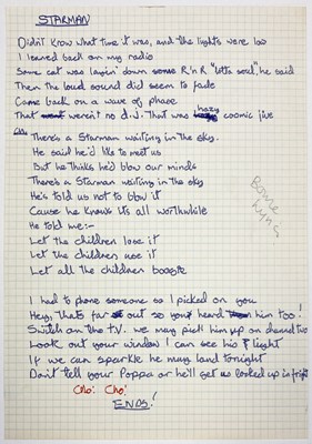 Lot 143 - DAVID BOWIE'S ORIGINAL HANDWRITTEN LYRICS FOR 'STARMAN'.