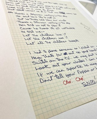 Lot 143 - DAVID BOWIE'S ORIGINAL HANDWRITTEN LYRICS FOR 'STARMAN'.