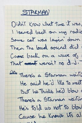 Lot 143 - DAVID BOWIE'S ORIGINAL HANDWRITTEN LYRICS FOR 'STARMAN'.