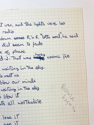 Lot 143 - DAVID BOWIE'S ORIGINAL HANDWRITTEN LYRICS FOR 'STARMAN'.