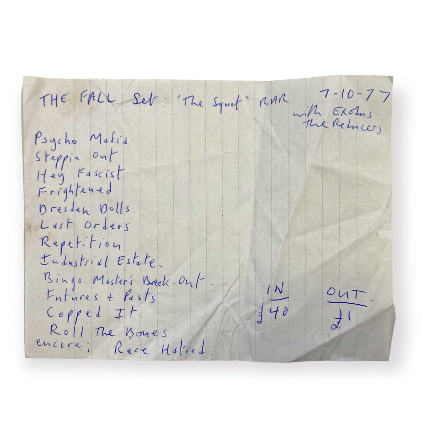 Lot 417 - MARK E. SMITH / THE FALL - EARLY HANDWRITTEN SET LIST.