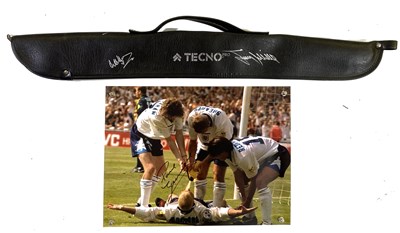 Lot 19 - SNOOKER CASE SIGNED BY JIMMY WHITE AND ALEX HIGGINS - SIGNED PAUL GASCOIGNE POSTER.