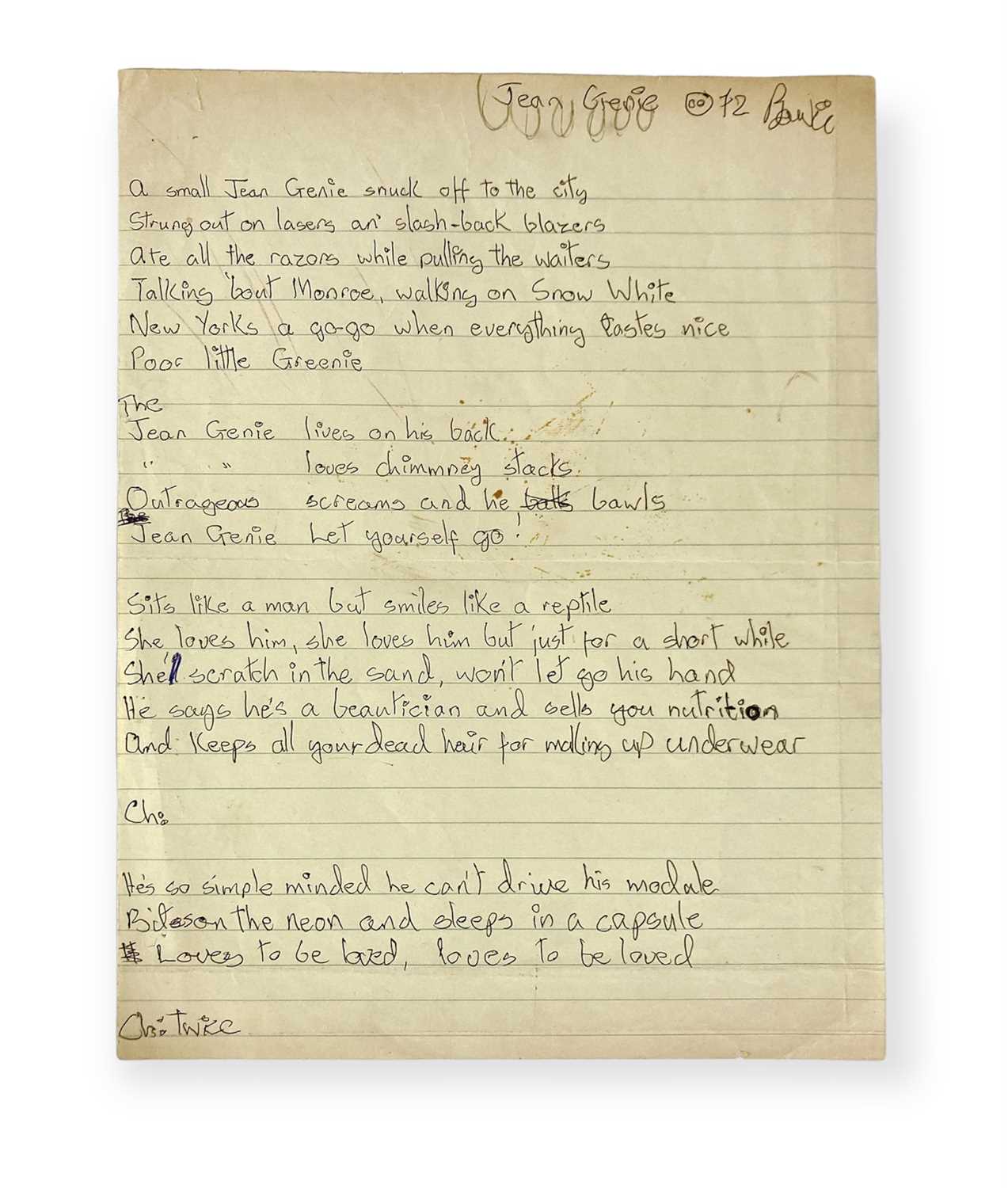 Lot 427 - DAVID BOWIE - HANDWRITTEN LYRICS FOR 'JEAN GENIE'.