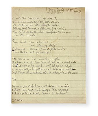 Lot 427 - DAVID BOWIE - HANDWRITTEN LYRICS FOR 'JEAN GENIE'.