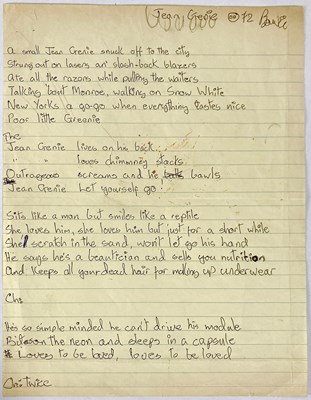 Lot 427 - DAVID BOWIE - HANDWRITTEN LYRICS FOR 'JEAN GENIE'.