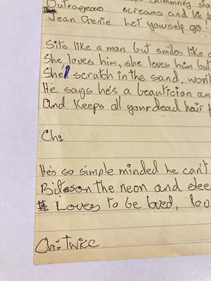 Lot 427 - DAVID BOWIE - HANDWRITTEN LYRICS FOR 'JEAN GENIE'.