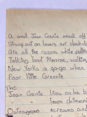 Lot 427 - DAVID BOWIE - HANDWRITTEN LYRICS FOR 'JEAN GENIE'.