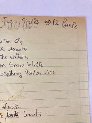 Lot 427 - DAVID BOWIE - HANDWRITTEN LYRICS FOR 'JEAN GENIE'.