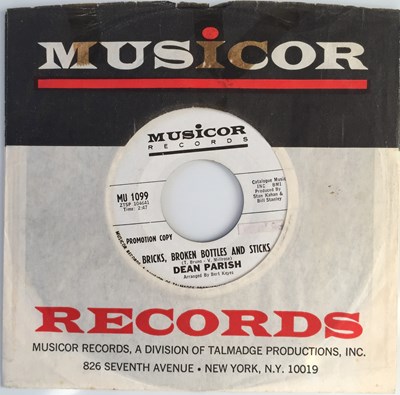 Lot 12 - DEAN PARISH - BRICKS, BROKEN BOTTLES AND STICKS/ I'M OVER EIGHTEEN 7" (US PROMO - MUSICOR MU 1099)