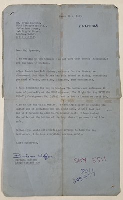 Lot 165 - SOUNDS INCORPORATED - EPHEMERA INC CORRESPONDENCE WITH BRIAN EPSTEIN.