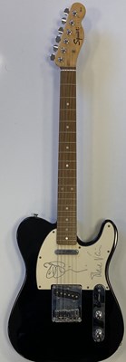 Lot 274 - BLACK SQUIER FENDER TELECASTER GUITAR SIGNED BY JO SATRIANI AND STEVE VAI