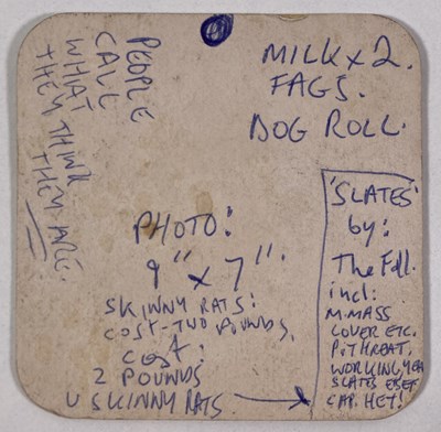 Lot 437 - MARK E. SMITH / THE FALL - MARK'S DESIGNS FOR THE 'SLATES' COVER - ON A BEERMAT.