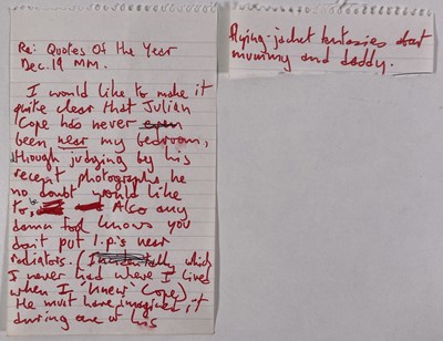 Lot 438 - MARK E. SMITH / THE FALL - HANDWRITTEN LETTER BY MES ABOUT JULIAN COPE.