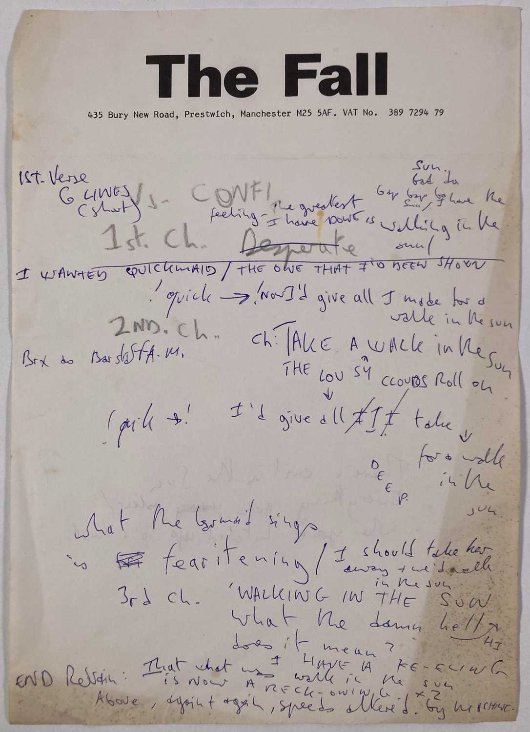 Lot 441 - MARK E. SMITH - THE FALL - HANDWRITTEN NOTES / LYRICS BY MES.