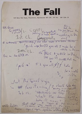 Lot 441 - MARK E. SMITH - THE FALL - HANDWRITTEN NOTES / LYRICS BY MES.