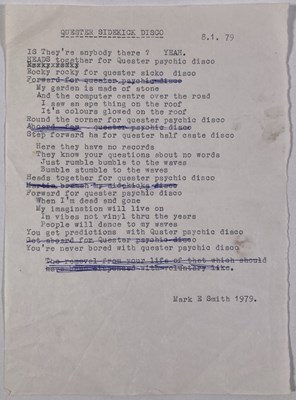 Lot 447 - MARK E. SMITH / THE FALL - EARLY DRAFT OF 'PSYKICK DANCEHALL' LYRICS BY MARK E. SMITH.