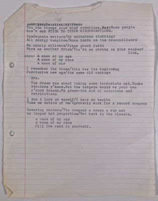 Lot 449 - MARK E. SMITH / THE FALL - POSSIBLY UNPUBLISHED LYRICS BY MES.