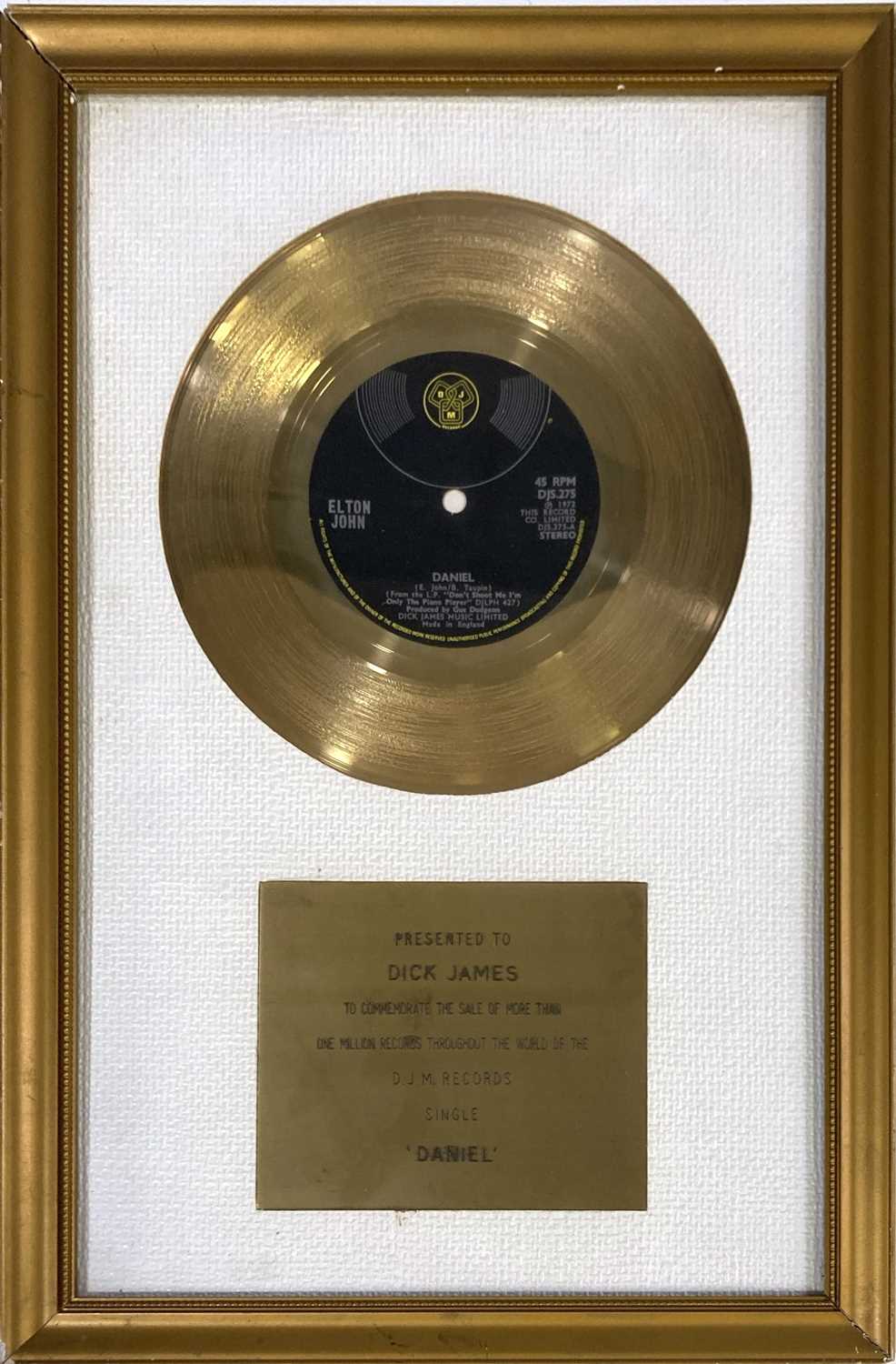 Lot 346 - ELTON JOHN - GOLD DISC AWARD FOR 'DANIEL'.