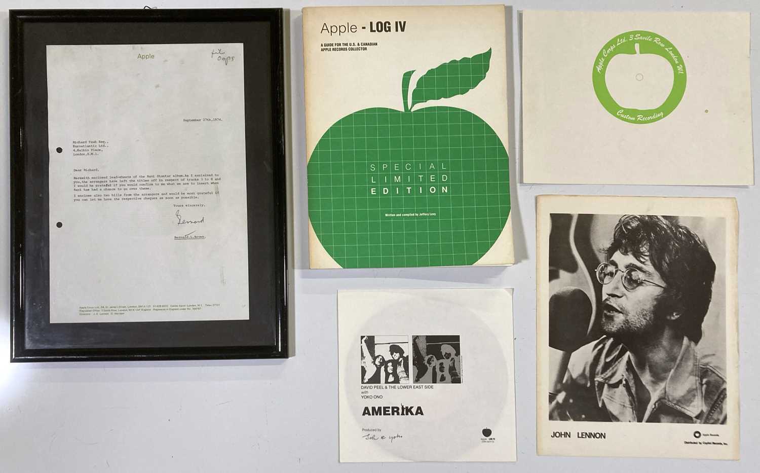 Lot 94 - THE BEATLES INTEREST - APPLE RECORDS EPHEMERA INC UNUSED LABEL / APPLE LOG / LETTER ON STATIONERY.