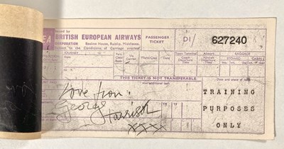 Lot 143 - THE BEATLES - A BEA FLIGHT TICKET SIGNED AND AMENDED BY GEORGE HARRISON.