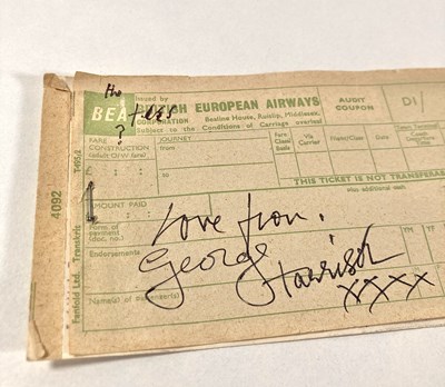 Lot 143 - THE BEATLES - A BEA FLIGHT TICKET SIGNED AND AMENDED BY GEORGE HARRISON.